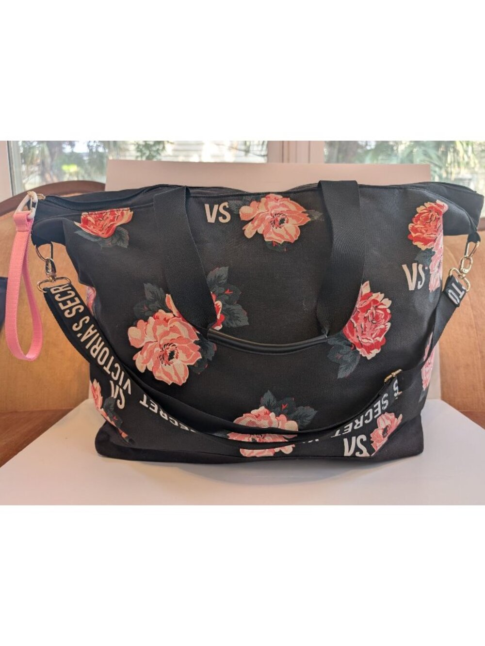 Victoria's Secret Weekender Travel Bag Black Canvas Tote Pink Floral Print